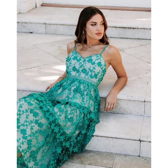 VICI Pascal Tiered Crochet Lace Midi Dress Teal Green XS - Picture 11 of 12